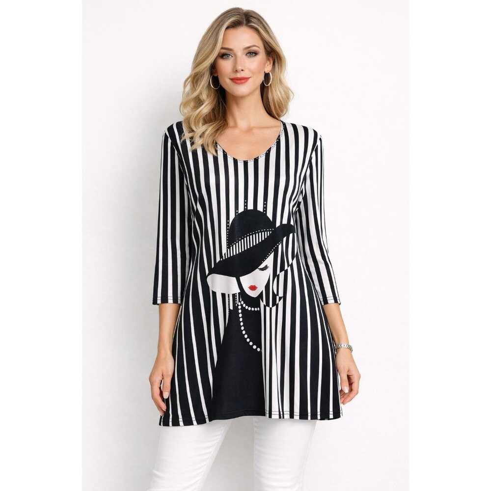Valentina Striped Tunic Top Women's Abstract Face Art 3/4 Sleeve Long Shirt Size